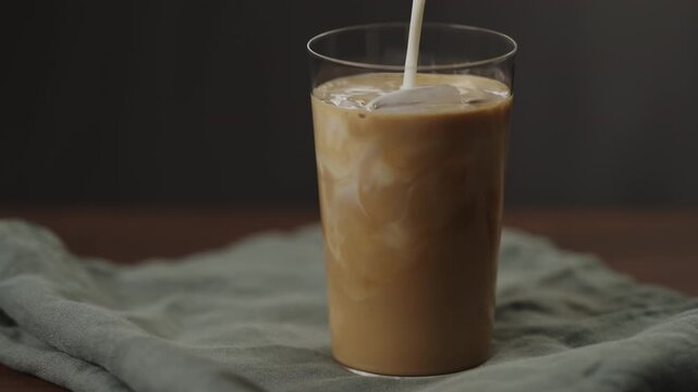 Slow motion making ice latte at home closeup shot