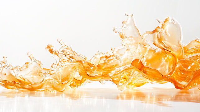 Dynamic golden liquid splashes with drops on white background.