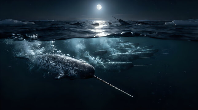 A school of narwhal swimming in the night, 4K, AI generated