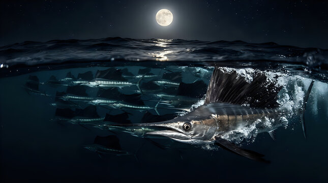 Sailfish swimming in the night sea, 4K, AI generated 