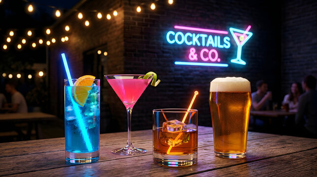 Assorted cocktails and beer on a bar table. Refreshing alcoholic drinks at a neon lit lounge.