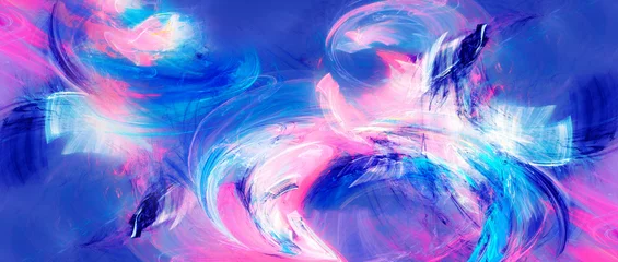 Abstract dynamic background with neon pink and bright blue brush strokes, vibrant fluid art composition of cosmic nebula energy flow and colorful fractal painting texture for creative graphic design. © Alena