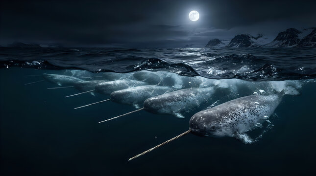 A school of narwhal swimming in the night, 4K, AI generated