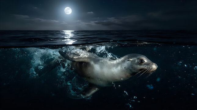 Sea lion swimming in the night sea, 4K, AI generated