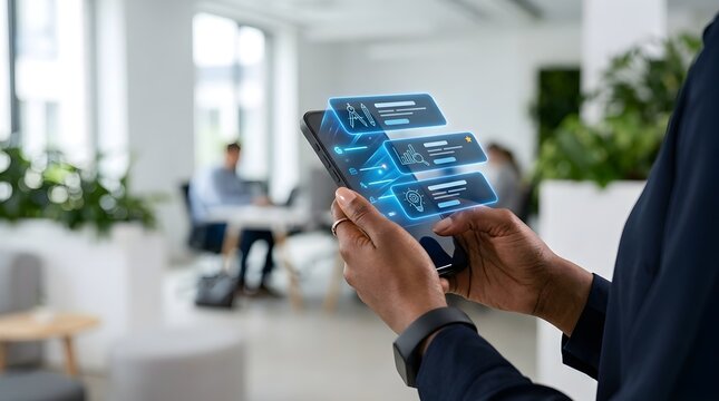 Business Professional Using AI Job Search Application on Smartphone with Digital Interface