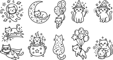 Naklejka premium Cute Celestial Witch Cat Vector Illustration Set with Magic Wizard Kittens, Astrology Elements, Crystal Ball, and Astronaut Cats for Coloring Book Designs