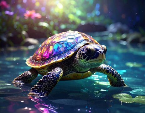 Colorful sea turtle swimming in vibrant forest pool.