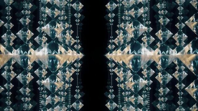 A detailed video featuring an intricate diamond pattern with reflective surfaces, creating a complex and visually engaging design. The arrangement captures elegance and sophistication.