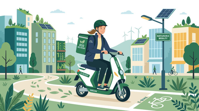 Eco delivery woman on electric scooter in green city with solar panels