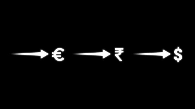 Currency exchange flow animation: euro to indian rupee to us dollar conversion concept finance money