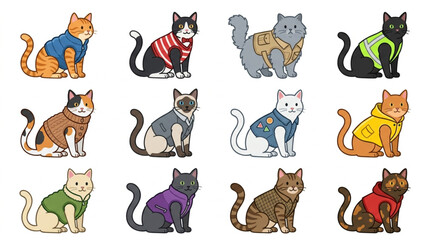 Colorful cartoon cats in various outfits and poses. © BRAHIM