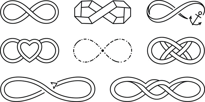 Minimalist infinity loop symbols set with heart anchor knot and geometric line elements