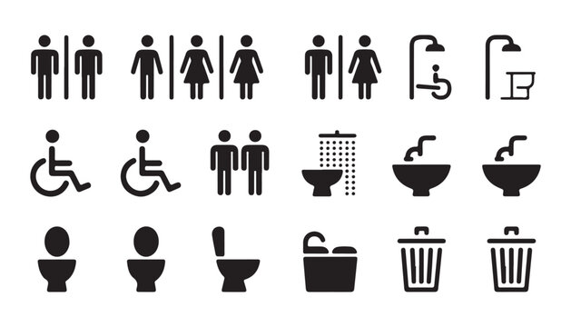 Restroom and bathroom icons set with public toilet signage for men women disability access and baby care.