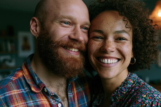 Happy couple laughing together in cozy modern home
