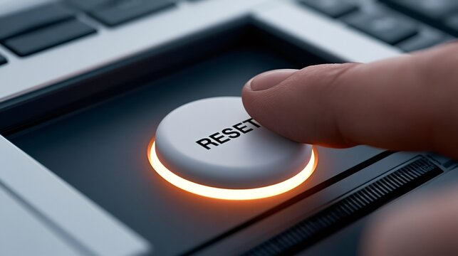 Finger pressing a glowing reset button, symbolizing a fresh start, system recovery, problem solving, and the opportunity for change or technological control