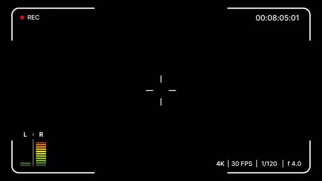 Professional camera recording overlay on black background with modern HUD, record indicator, timecode, stereo audio level meters and detailed settings for filmmaking, streaming, cinematic production.