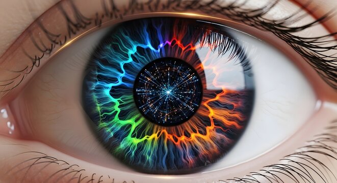 Close-up of a vibrant human eye with a rainbow-colored iris featuring intricate glowing patterns and a cosmic pupil.