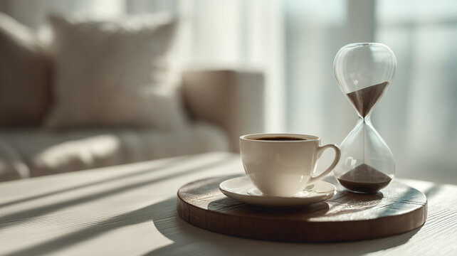 minimal coffee table setup with a cup of coffee and a glass hourglass, soft natural light from window, clean background
