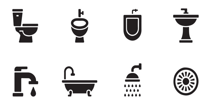 Plumbing fixtures icon set with toilets urinals pedestal sinks faucets bathtubs overhead showers and floor drains for bathroom design.