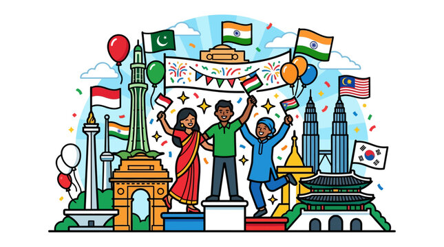 diverse asian people celebrating cultural diversity and national pride holding flags with iconic landmarks symbolizing international unity.
