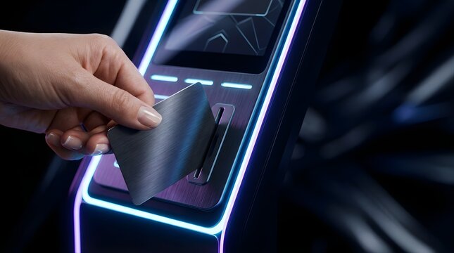 Hand inserting credit card into futuristic digital payment terminal kiosk