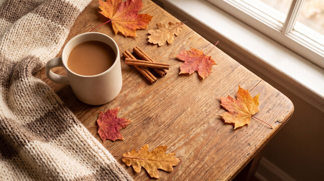 Warm beverage and autumn leaves on wooden table creating atmosphere of comfort and seasonal change