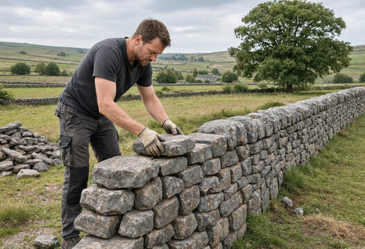 Craftsman building a traditional dry stone wall in the countryside