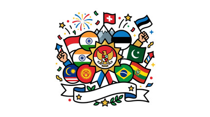 Fototapeta premium international flags celebrating diversity and unity with fireworks and confetti