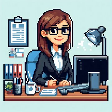 Pixel art businesswoman sitting at desk working on computer in office