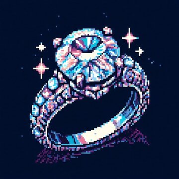 Pixel art sparkling diamond engagement ring on dark background