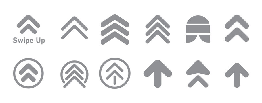 Collection of Swipe Up Arrow Icons: A comprehensive set of grey arrow icons designed for mobile applications and social media, indicating actions like scrolling or navigating upwards.