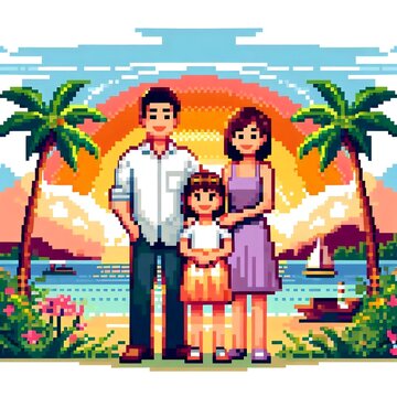 Pixel art happy family standing on a tropical beach at sunset