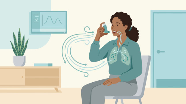 Woman using inhaler for asthma relief, lungs illustration