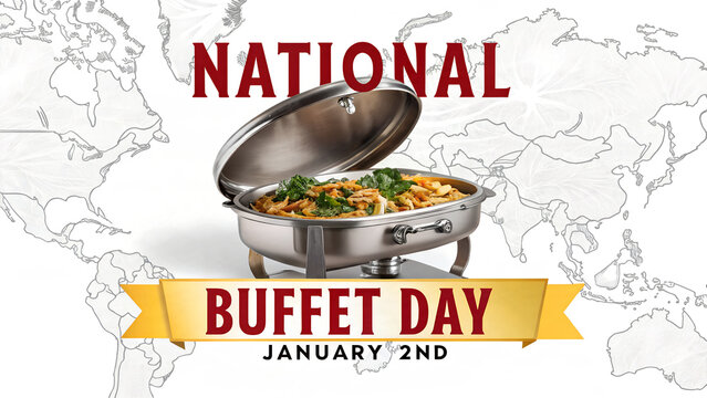 National buffet day banner with chafing dish and world map background, catering