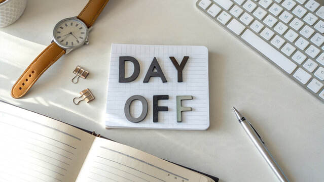 Day off concept sign on office desk with planner and keyboard, vacation