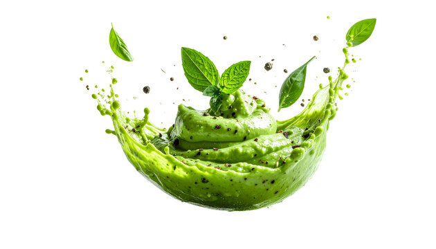 A creative splash of creamy green saag frozen in motion with herbs and spices suspended mid-air, isolated on transparent background