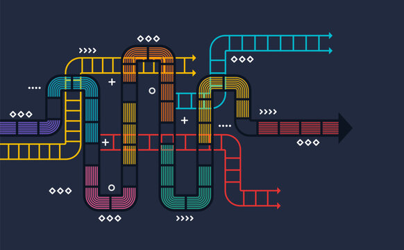 Colorful interconnected line path diagram with multiple curved routes and arrows forming a complex direction flow on dark background, suitable for business, navigation, and creative concepts.