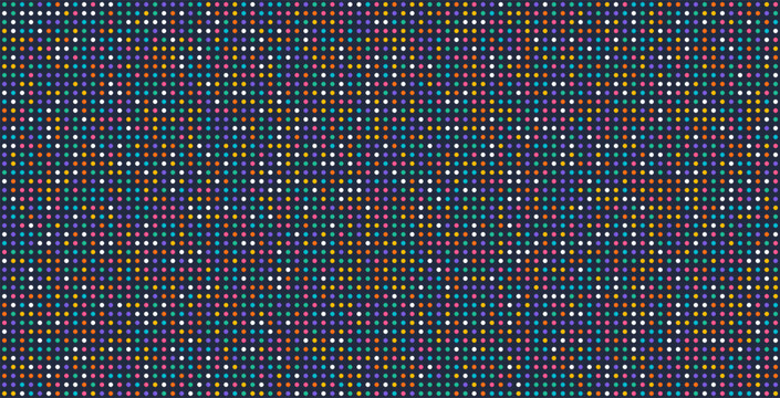 Colorful small dots arranged in a dense seamless pattern on a dark background, creating a vibrant digital texture suitable for abstract decoration and modern graphic design.