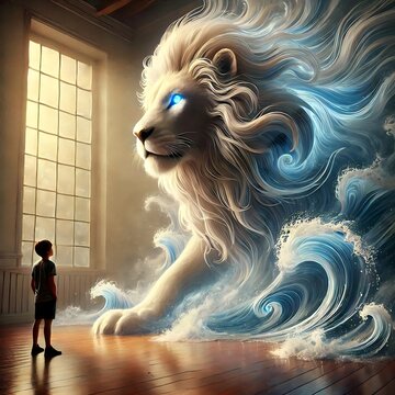 Majestic glowing white water lion spirit emerging in room before young boy