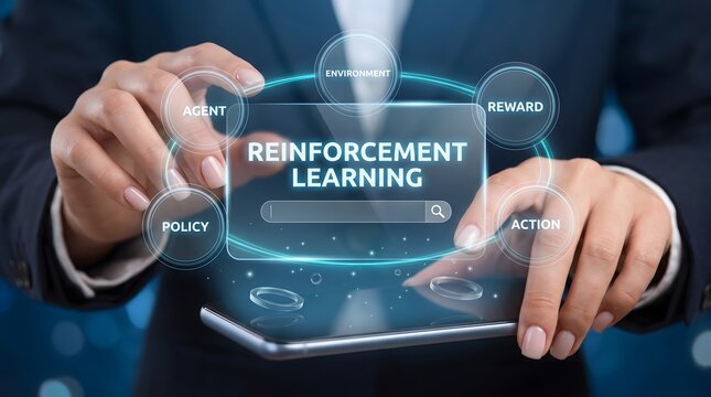 A business professional interacting with a futuristic holographic image displaying reinforcement learning concepts on a digital interface for advanced artificial intelligence technology