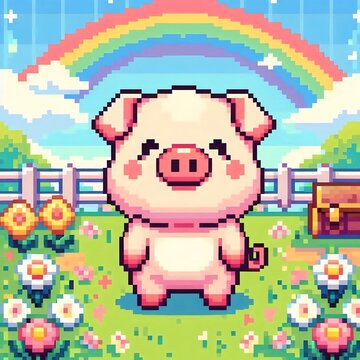 Cute pixel art pig standing in a colorful flower garden with rainbow background