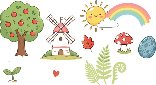 Set of cute hand drawn nature elements including apple tree windmill sun rainbow mushroom and decorative plant icons