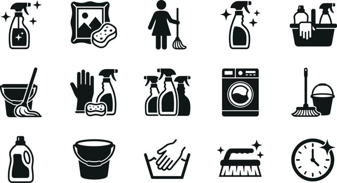 Cleaning services and housekeeping vector icon set featuring spray bottle mop bucket washing machine gloves and brush symbols.eps