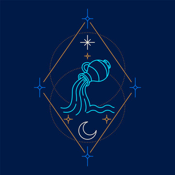 Neon Aquarius zodiac symbol inside a celestial geometric frame with stars and crescent moon on a dark background