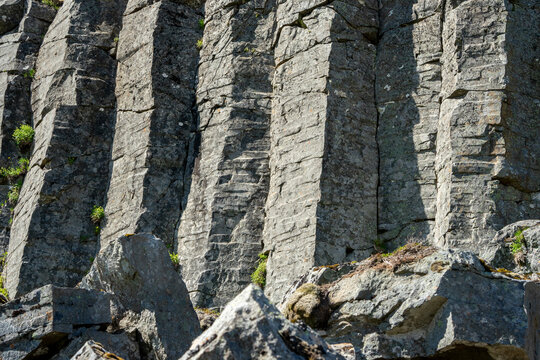  Abstract texture of majestic volcanic basalt columns at Gerduberg cliff in Iceland.