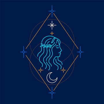 Neon Virgo zodiac symbol inside a celestial geometric frame with stars and crescent moon on a dark background