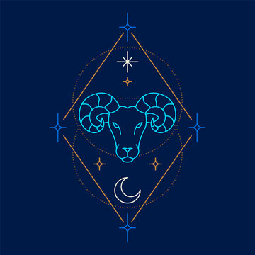 Neon Aries zodiac symbol inside a celestial geometric frame with stars and crescent moon on a dark background