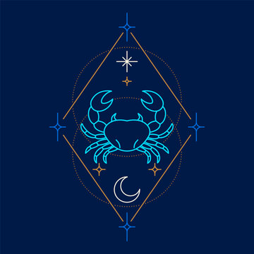Neon Cancer zodiac symbol inside a celestial geometric frame with stars and crescent moon on a dark background
