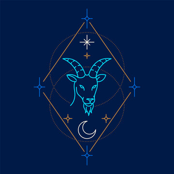Neon Capricorn zodiac symbol inside a celestial geometric frame with stars and crescent moon on a dark background