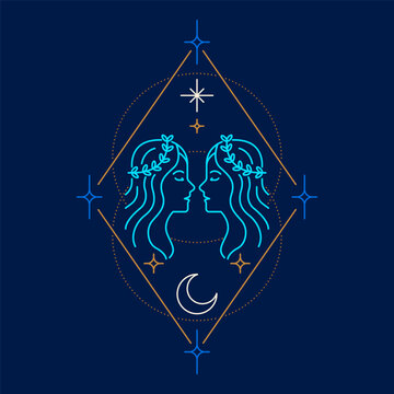 Neon Gemini zodiac symbol inside a celestial geometric frame with stars and crescent moon on a dark background
